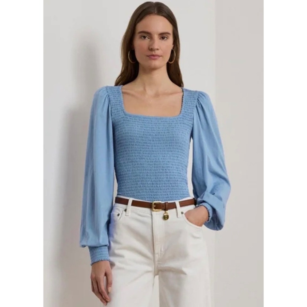 Lauren Ralph Lauren Smocked Jersey Blouson Sleeve Top Sky Blue XL